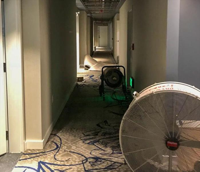 Fan and air mover set up in the hallway of a Seattle business