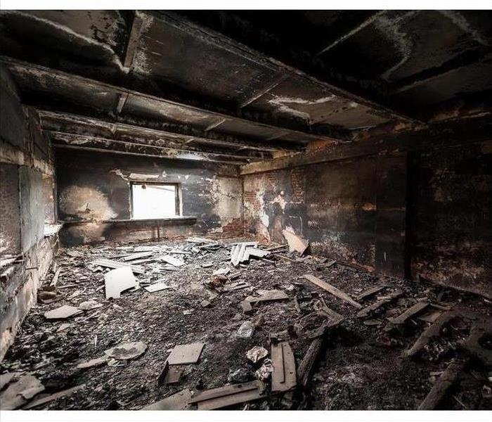 Fire damage in room.